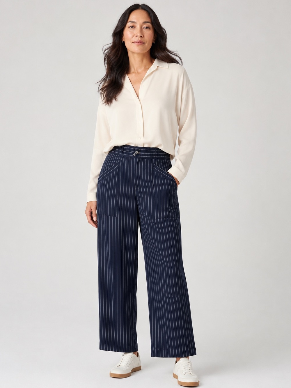 Eileen Fisher Woven Tencel Striped Navy Wide Leg Pants